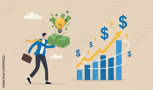 Compound interest effect, high return investment stock market or growth and prosperity economic concept, businessman holding of dollar money to put as growth compound