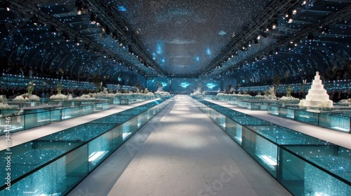 Elaborate indoor event space features a runway flanked by illuminated glass displays under a starlit ceiling