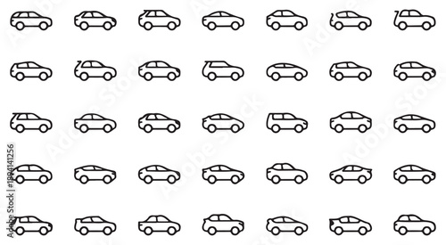 Extensive array of modern car line icons illustrating the evolution of vehicle design and body shapes now