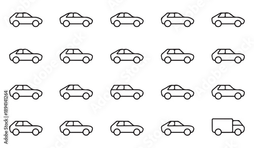 Vehicle line icons set on a white background, collection of car and truck vector illustration