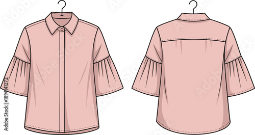 Pink blouse fashion sketch, pleated sleeve design, button neckline detail, stylish garment illustration, front and back views, apparel template