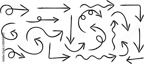 A collection of hand drawn arrows and curved lines in black on a white background illustrating various directions and movement high quality professional