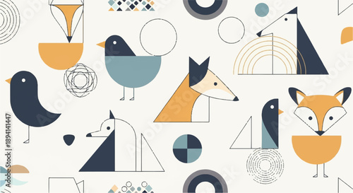 Geometric vector pattern with abstract foxes, birds, and penguins in blue, orange, and cream, scandinavian style illustration background