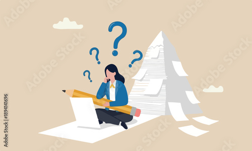 Writer, peak , meeting woman writer meditate on blank paper and holding big pencil thinking about idea to write in her blog or journal