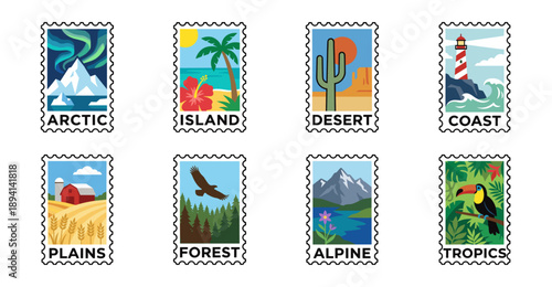 Minimalist Flat Design Global Biome Postage Stamp Set for Nature Conservation and Travel Branding