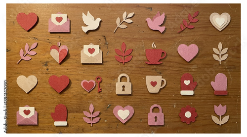 Valentine's day symbols and objects on wooden background hearts locks letters and plants for love and romance concepts