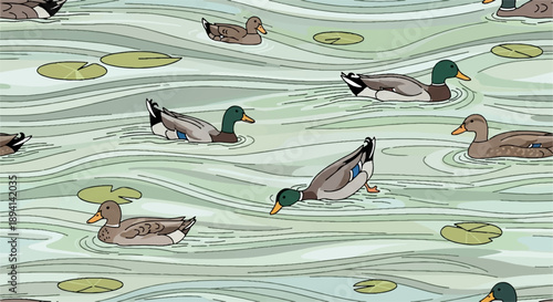 Vector seamless pattern of mallard ducks and lily pads swimming in green water, nature wildlife background illustration