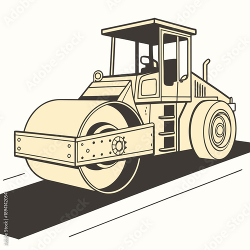 Flat Color Road Roller: Simple Round Front Construction Vehicle