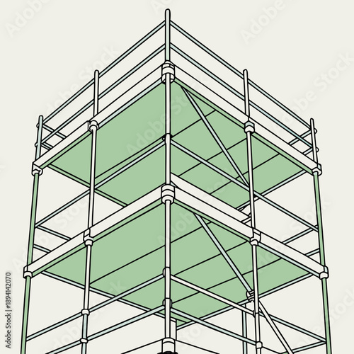 Flat Color Scaffolding Structure: Repetitive Geometric Building Support