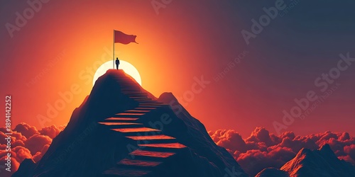 Concept of step-by-step achievement of goals. Glowing path leading to success and achievements concept with flag on peak of mountain. Ad poster for business the presentation.