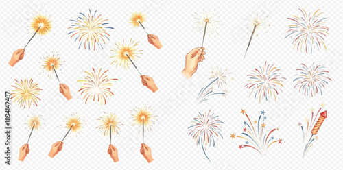 Set of festive sparklers and fireworks for celebration, vector illustration on transparent background.