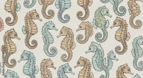 Seamless vector pattern with hand-drawn seahorses in pastel blue, green, and brown tones on a light textured background