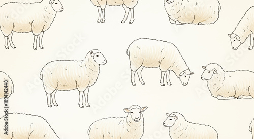 Seamless vector pattern of hand-drawn white sheep and lambs on a light beige background, farm animal illustration for textile or wallpaper