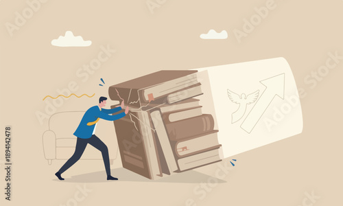 Pushing limits,one above to the left of the man, and another below and to the attitude books success, get out of comfort zone for freedom, businessman pushing to break boundary box.