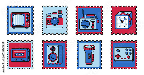 Retro Tech and Vintage Electronics Postage Stamp Collection for Nostalgic Graphic Design and Scrapbooking