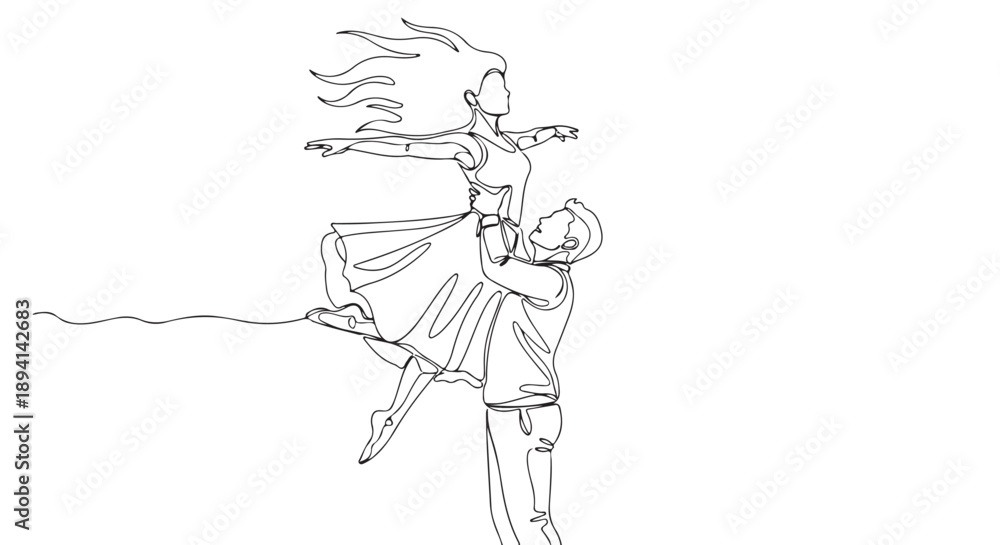 Fototapeta premium Couple in a dynamic dance pose, one person lifted high by the other, depicted in continuous line art