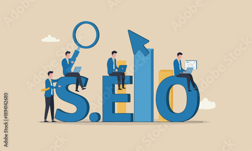 SEO, Search Engine Optimization for website to show in search result page concept, professional people holding magnifying glass, mouse pointer or using laptop sit on analytics graph on the word SEO