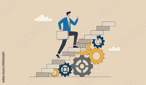 Best practices development, entrepreneur ascending stairs on a gear mechanism sitting run.