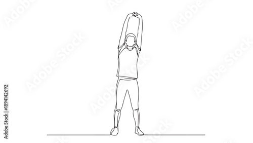 Dynamic continuous line art illustration of an individual performing an overhead body stretch, emphasizing flexibility and wellness for a healthy lifestyle