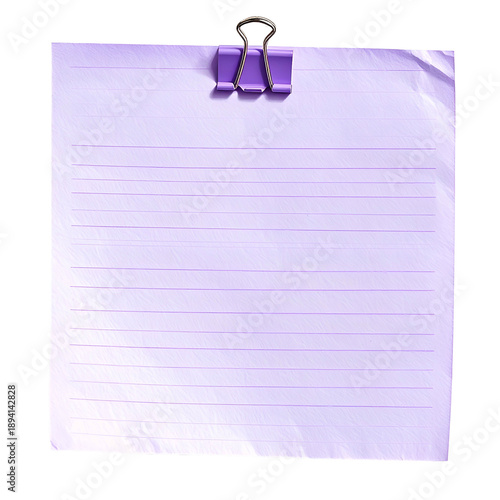 A light purple lined paper with a purple clip, against a black background
