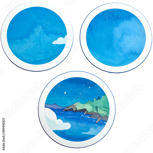 Three blue watercolor circles. One has mountain, sky & cloud, other clear, & third coast scene