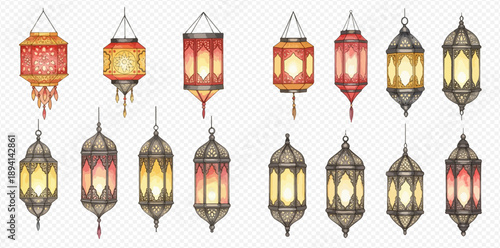 Set of various colorful ornate Arabic lanterns with glowing light on transparent background.