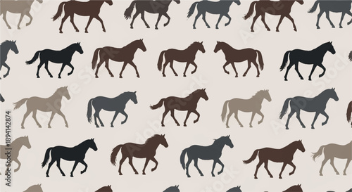 Vector seamless pattern of galloping horses in brown, black, and grey on a light beige background, equestrian animal print for fabric or wallpaper