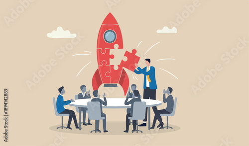 Solve business problem with creativity, finishing or complete brilliant ,business concept, to analysis smart businessman assemble piece team jigsaw complete red big rocket puzzle.