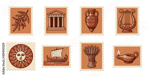 Vintage Terracotta Ancient Greece Postage Stamp Collection for Mediterranean History and Travel Journaling