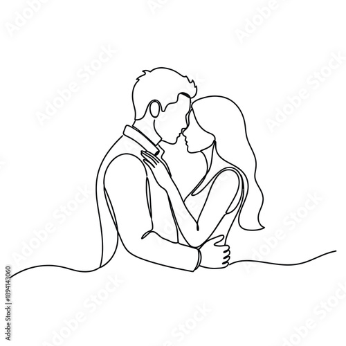 Continuous line drawing of a romantic couple embracing and kissing each other tightly
