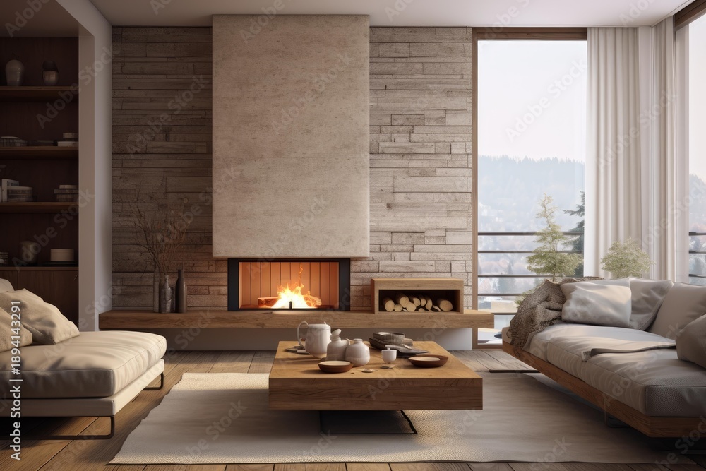 Obraz premium Minimalist living room featuring a concrete fireplace and mountain view