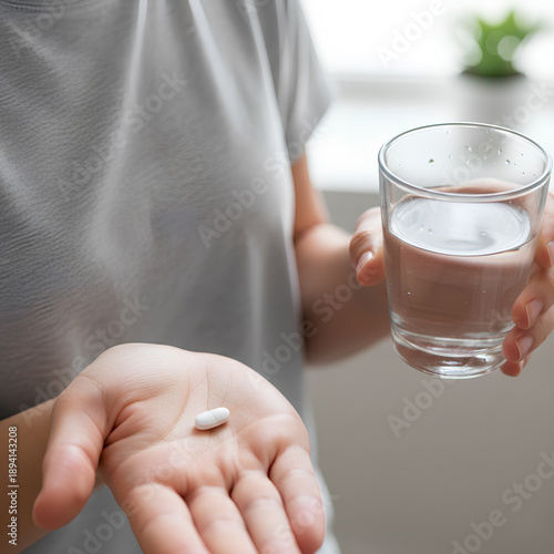 Wallpaper Mural A person starts his morning routine by taking a vitamin supplement or a medicinal tablet with a glass of water near the window, emphasizing a healthy lifestyle and disease prevention Torontodigital.ca
