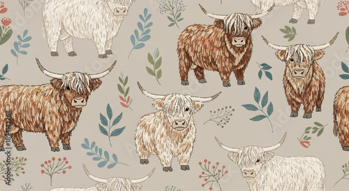 Highland cow vector seamless pattern with botanical elements on a beige background. Scottish cattle illustration for fabric, wallpaper, textile.