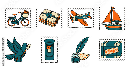 Retro Teal and Orange Postal Service Postage Stamp Set for Vintage Correspondence and Mail Delivery Aesthetics