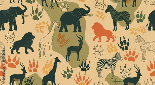Seamless African Safari Animal and Paw Print Pattern Vector