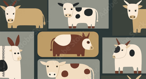 Flat Design Vector Illustration of Various Cows and Oxen