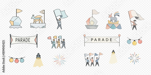Set of hand-drawn parade elements including floats, flags, banners, lights, and fireworks, perfect for celebration designs.