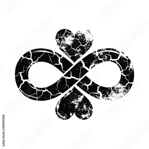 Cracked infinity symbol with heart and club shapes on white background