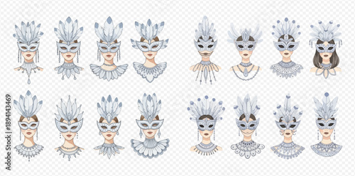 Set of beautiful women wearing ornate feathered masks and elegant collars, perfect for carnival or masquerade themes.
