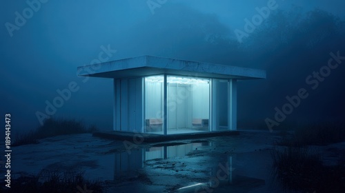 Modernist shelter structure glows brightly within dense, atmospheric blue twilight