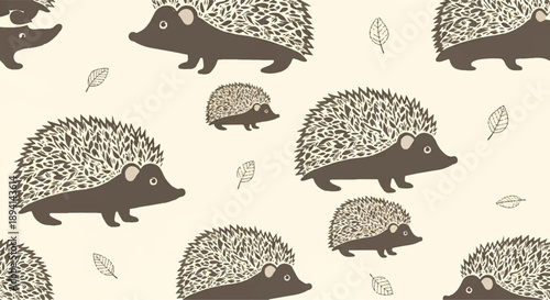 Cute Brown Hedgehog and Leaf Pattern Vector Illustration