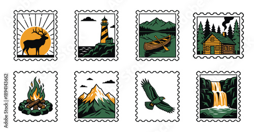 Vintage Outdoor Adventure Postage Stamp Collection for Wilderness Scrapbooking and Travel Stationery
