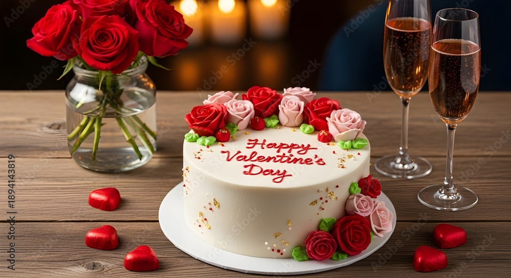 Naklejka premium Romantic valentine's day setup with cake and champagne