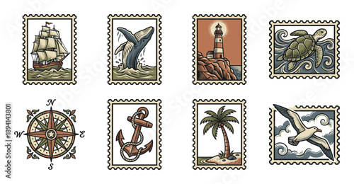 Vintage Nautical Illustration Postage Stamp Collection for Maritime Travel and Coastal Themed Scrapbooking Assets