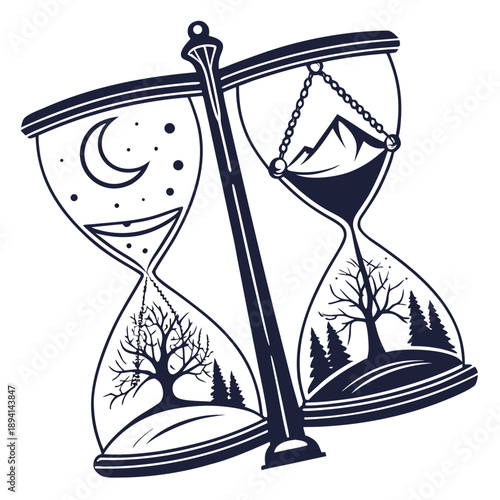 Split Hourglass Symbolizing Past and Future Time Contrast Vector