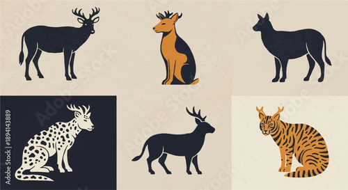 Minimalist Vector Deer, Dog, and Tiger Animal Silhouettes