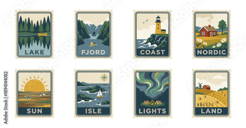 Minimalist Nordic Nature Landscape Postage Stamp Set for Scandinavian Travel Branding