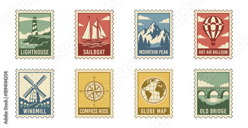 Vintage Aesthetic Nautical and Adventure Postage Stamp Collection for Scrapbooking and Travel Branding