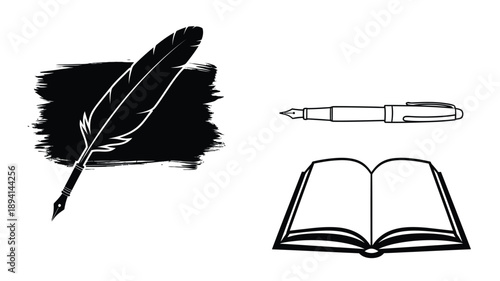 Writing tools including a feather ink pen and open book silhouette