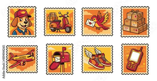 Cartoon Flat Vector Delivery Service Postage Stamp Collection for Logistics and Mailing Stationery Theme